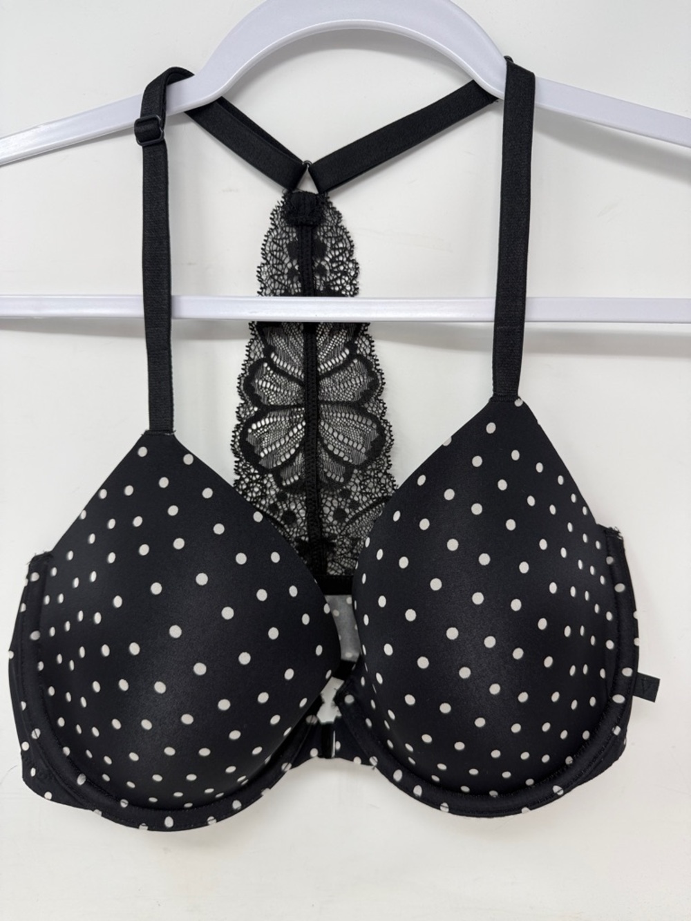 Victoria's Secret front closure demi Black white Polka Dot Lace Racerback bra
